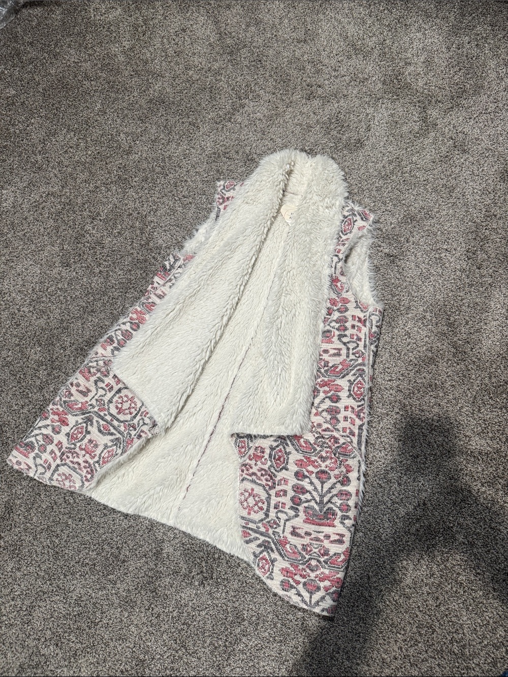 Anthropologie Cream and Rose Patterned Faux-Sherpa Vest